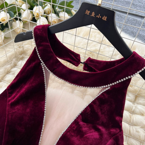 Deep V-neck Rhinestone Studded Velvet Dress
