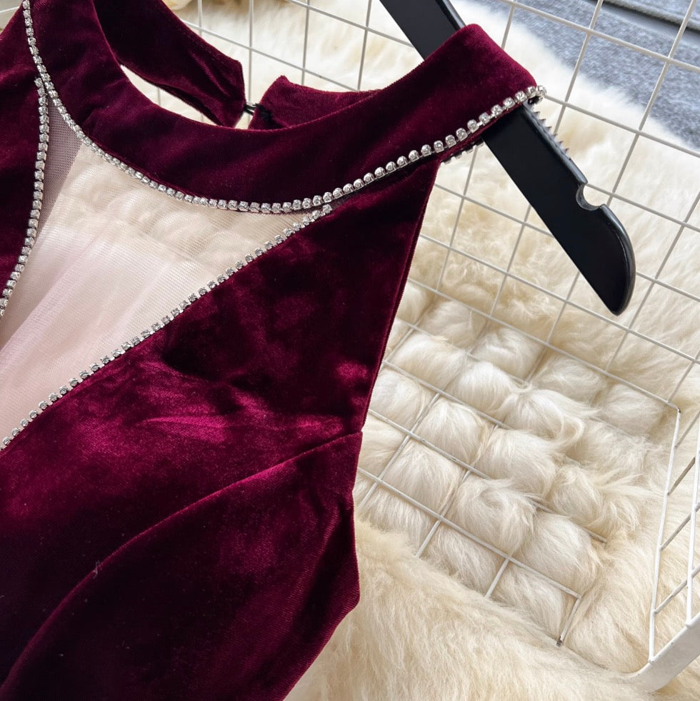Deep V-neck Rhinestone Studded Velvet Dress