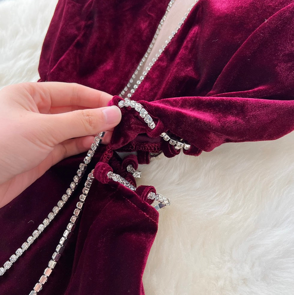 Deep V-neck Rhinestone Studded Velvet Dress