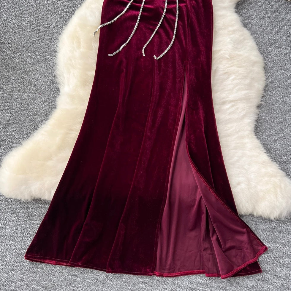 Deep V-neck Rhinestone Studded Velvet Dress