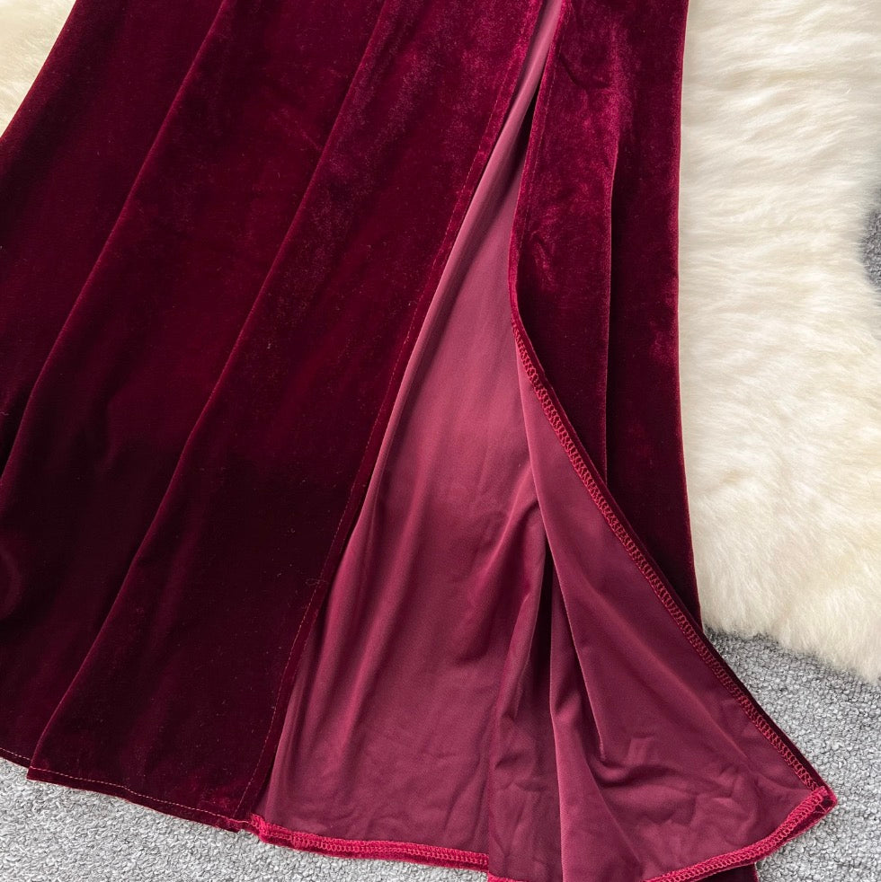 Deep V-neck Rhinestone Studded Velvet Dress
