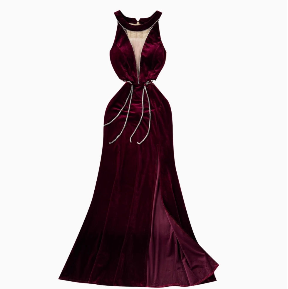 Deep V-neck Rhinestone Studded Velvet Dress