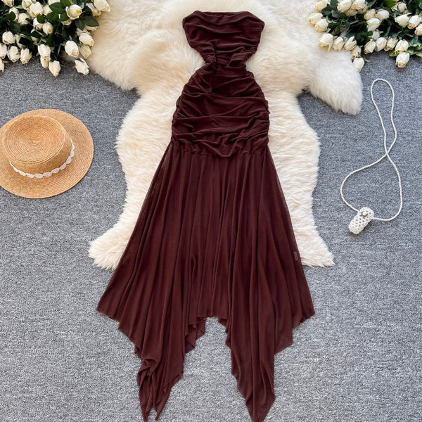 Niche Off-shoulder Pleated Coffee Dress