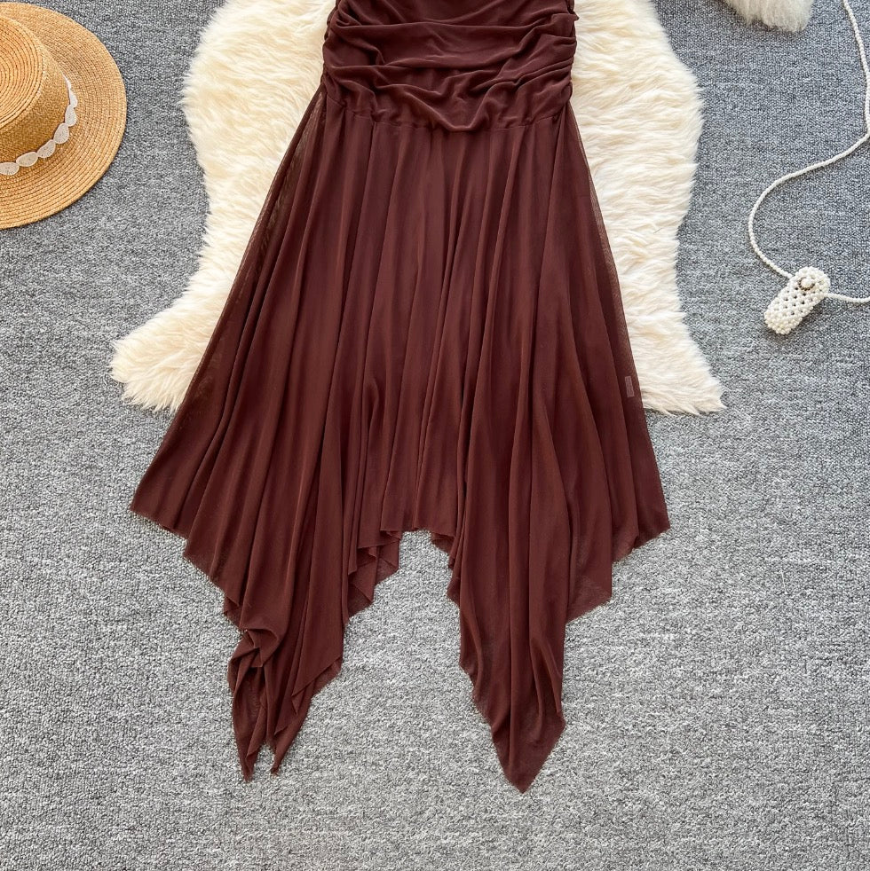 Niche Off-shoulder Pleated Coffee Dress