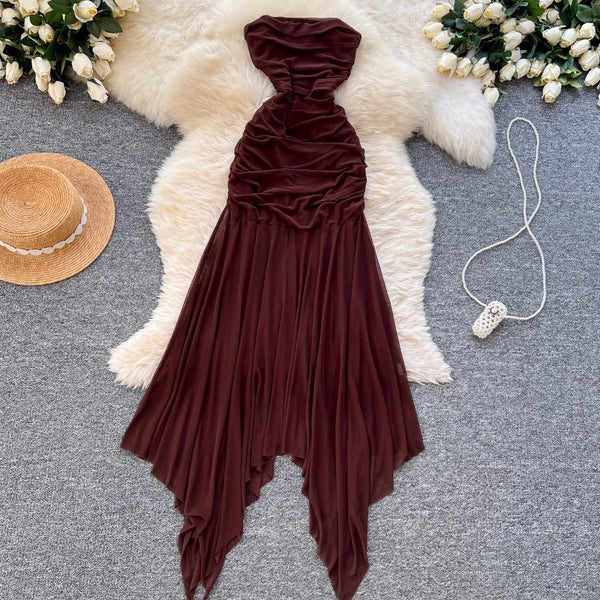 Niche Off-shoulder Pleated Coffee Dress