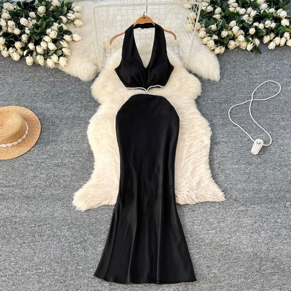 Sexy Beaded Satin Halter Dress