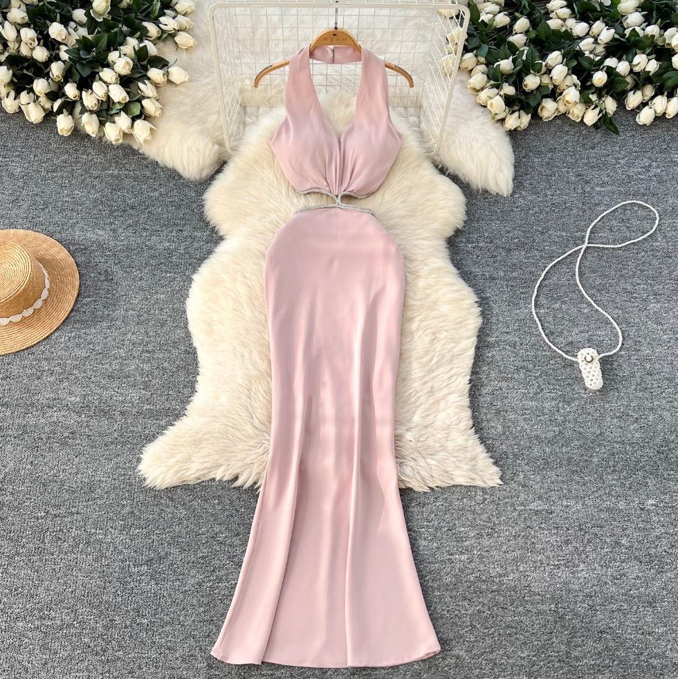 Sexy Beaded Satin Halter Dress