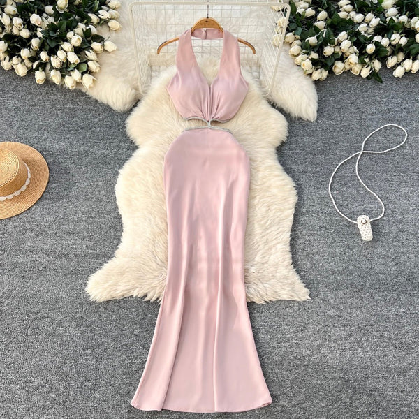 Sexy Beaded Satin Halter Dress