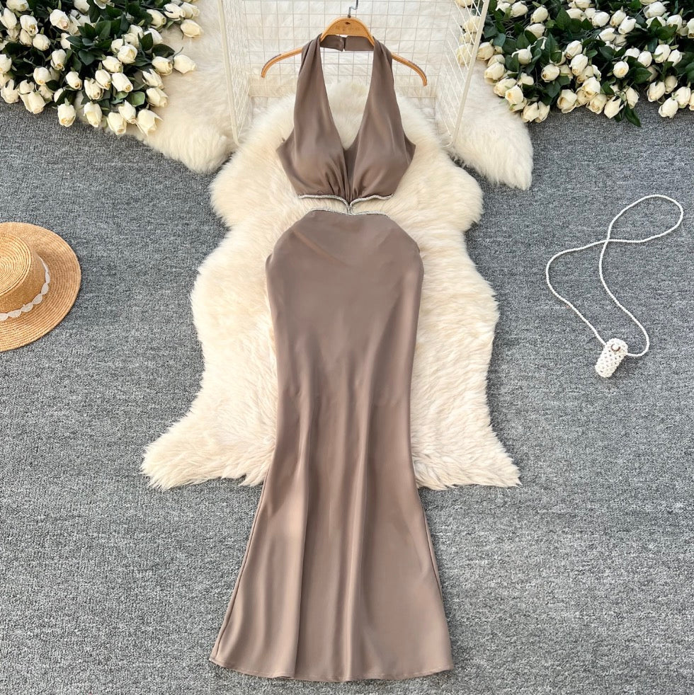 Sexy Beaded Satin Halter Dress