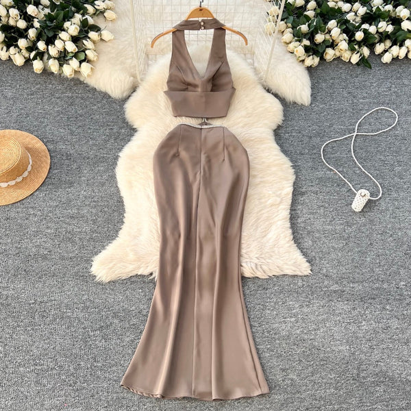 Sexy Beaded Satin Halter Dress