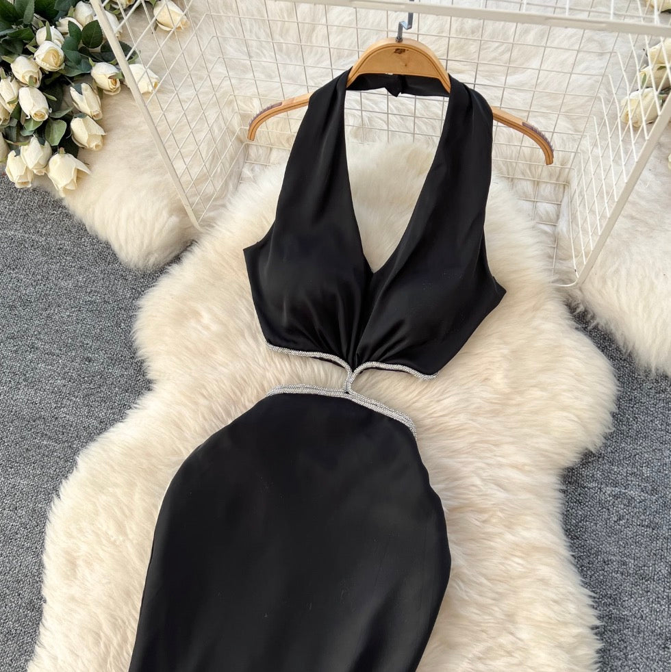 Sexy Beaded Satin Halter Dress