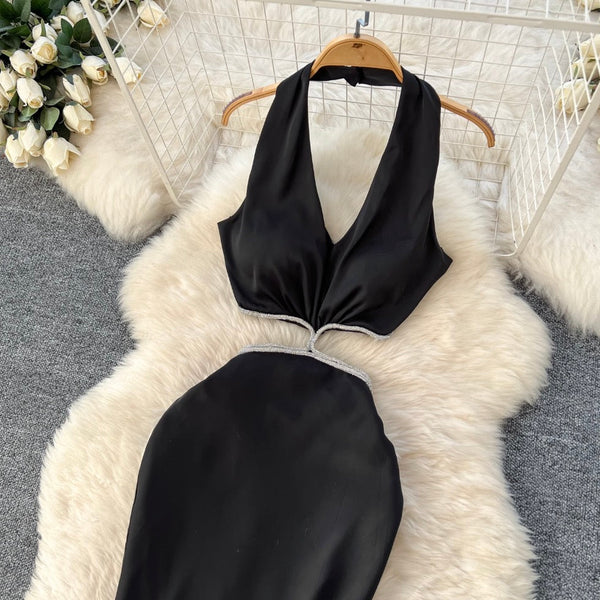 Sexy Beaded Satin Halter Dress