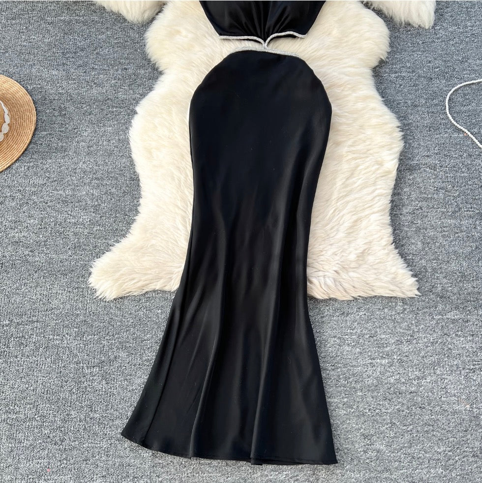 Sexy Beaded Satin Halter Dress