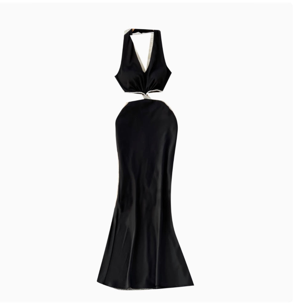 Sexy Beaded Satin Halter Dress