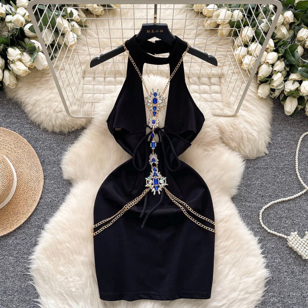 Rhinestone Hollowed Black Halter Dress