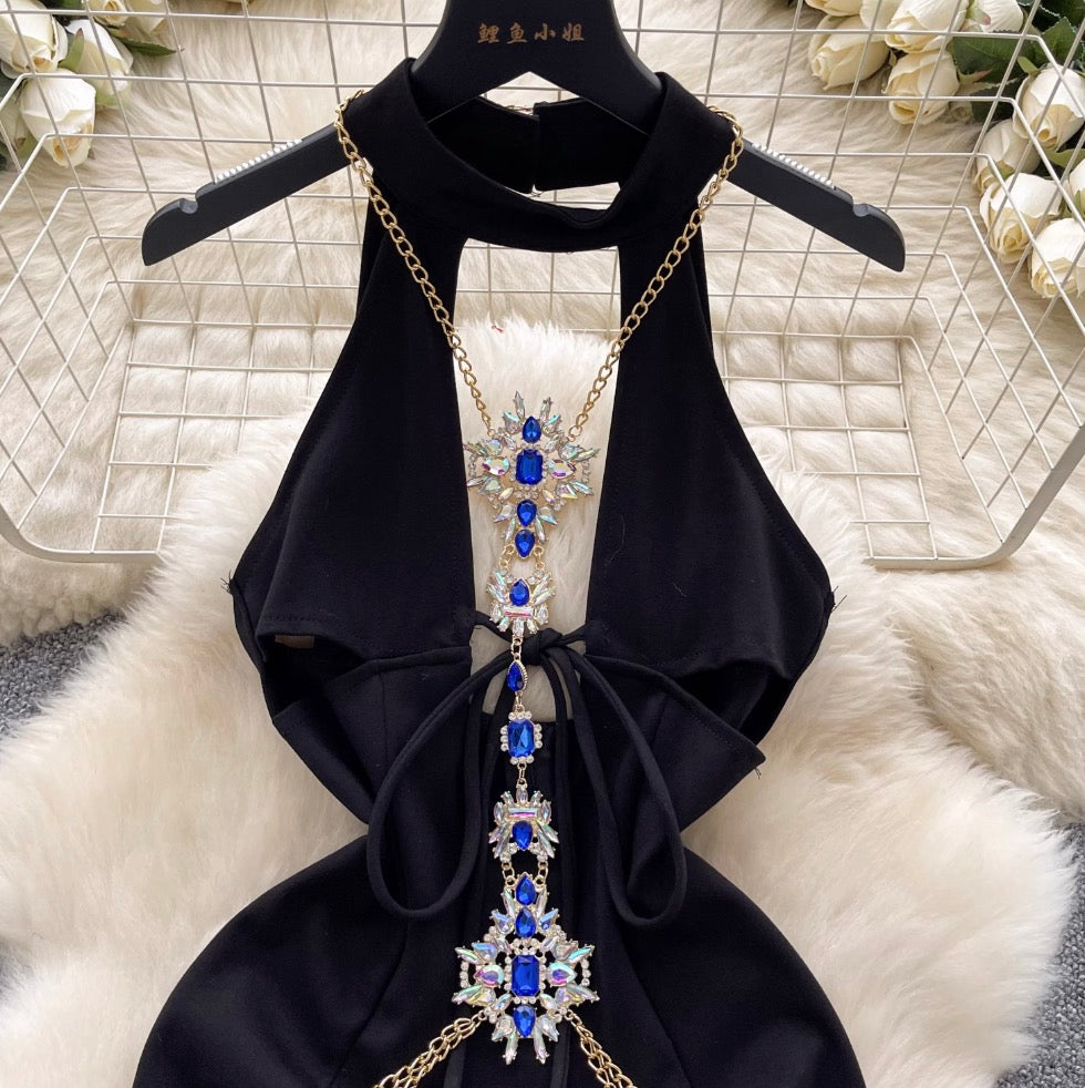 Rhinestone Hollowed Black Halter Dress