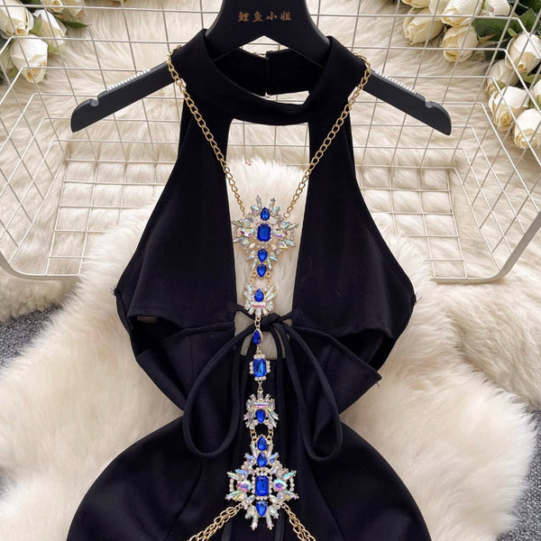 Rhinestone Hollowed Black Halter Dress