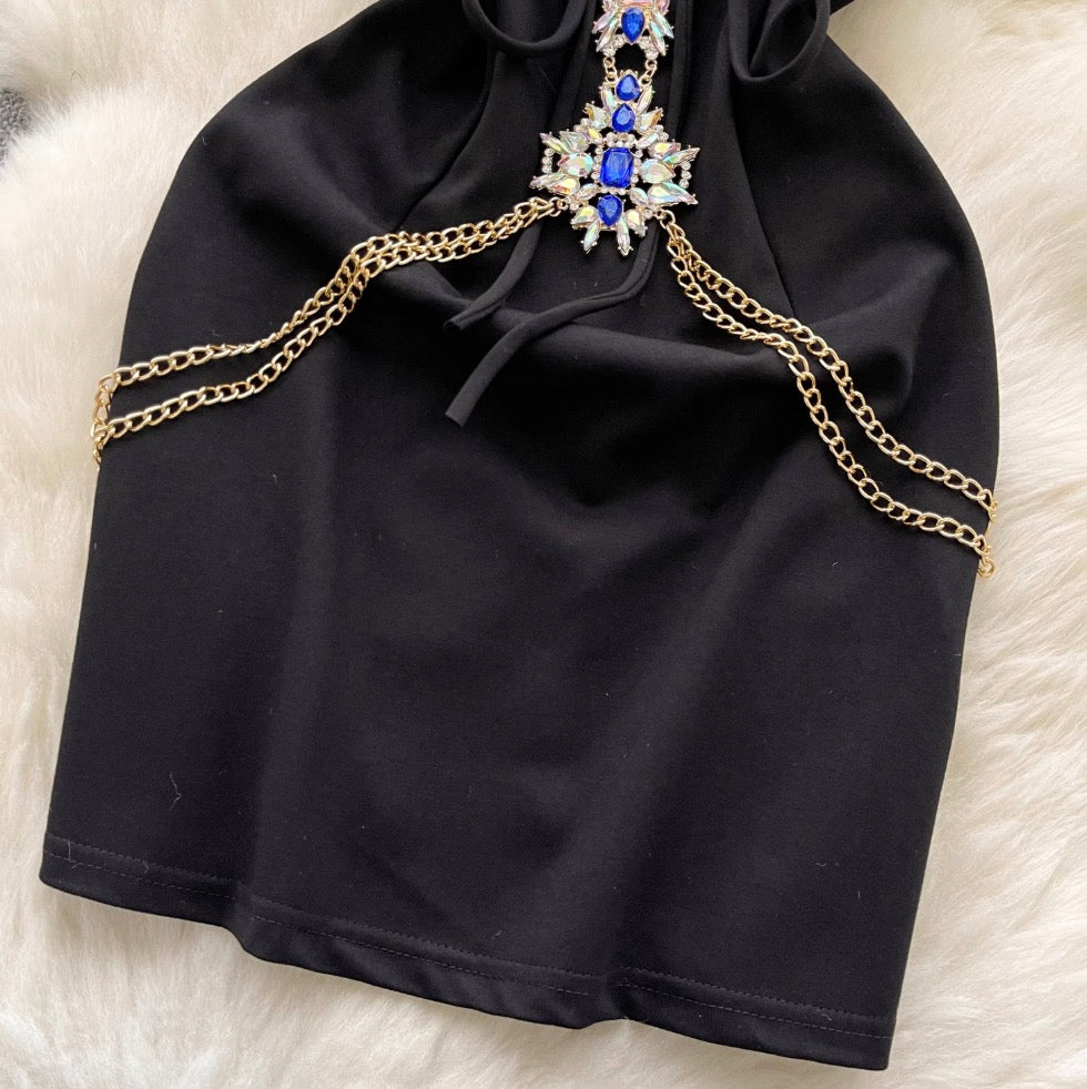 Rhinestone Hollowed Black Halter Dress