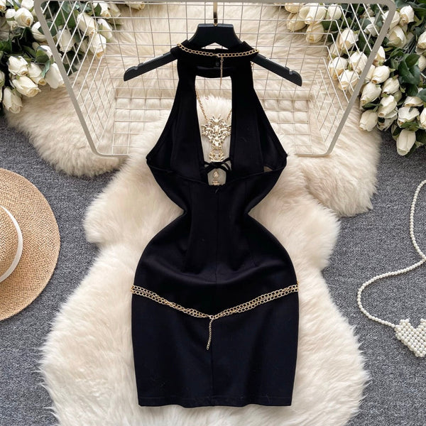 Rhinestone Hollowed Black Halter Dress