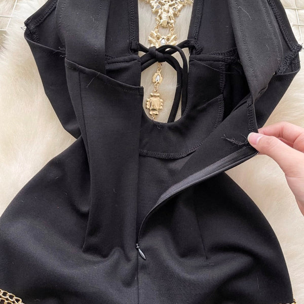 Rhinestone Hollowed Black Halter Dress