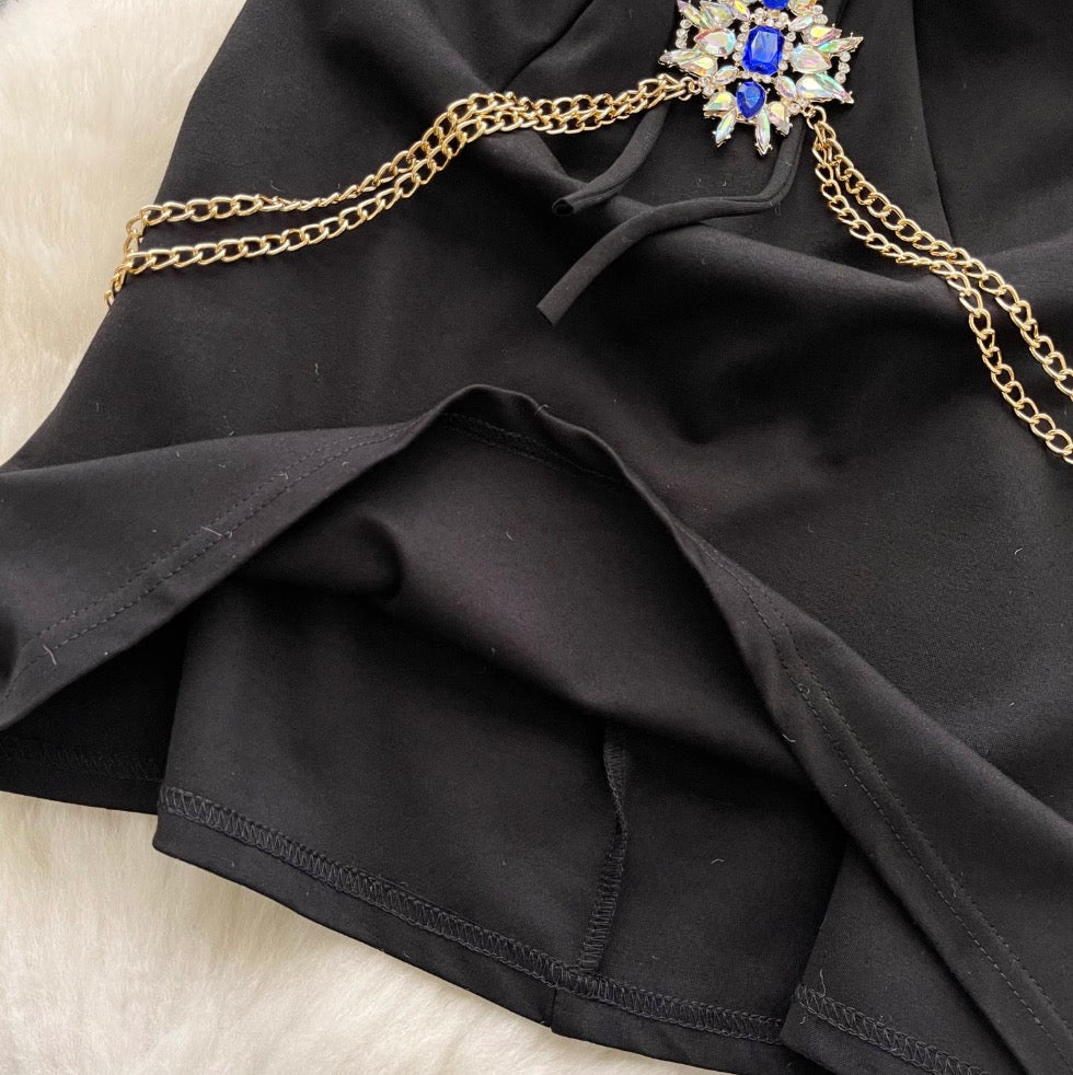 Rhinestone Hollowed Black Halter Dress