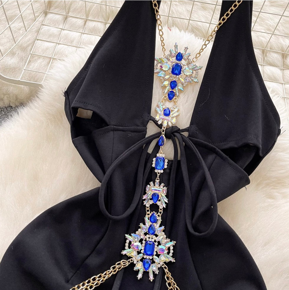 Rhinestone Hollowed Black Halter Dress