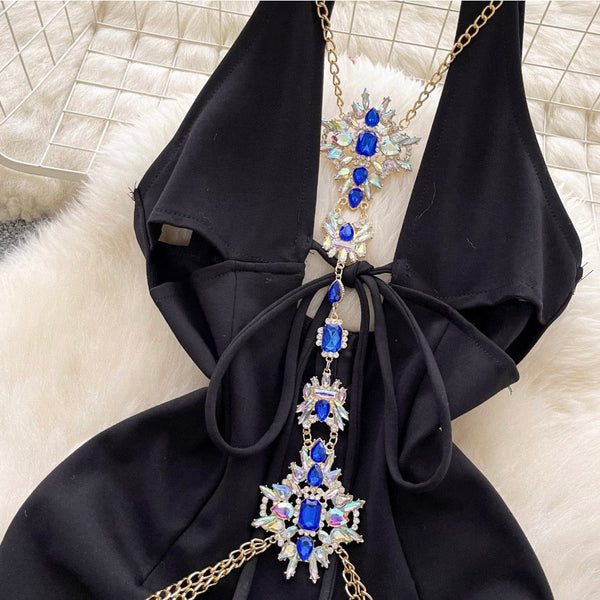 Rhinestone Hollowed Black Halter Dress