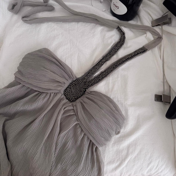 Beaded Gray Chiffon Halter Dress