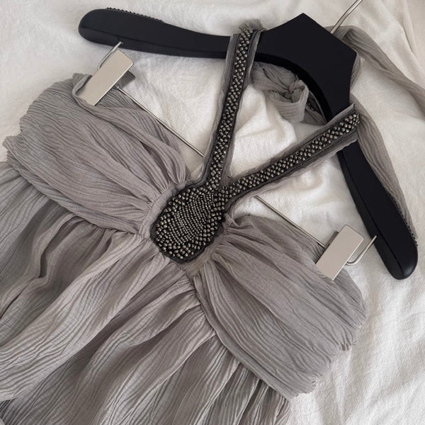 Beaded Gray Chiffon Halter Dress