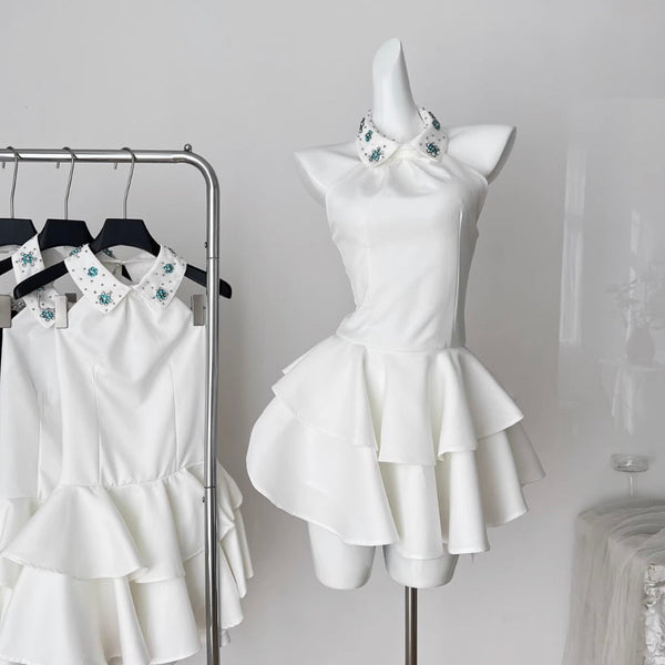 Elegant Beaded Collar Puffy Dress