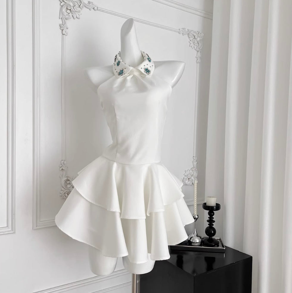 Elegant Beaded Collar Puffy Dress
