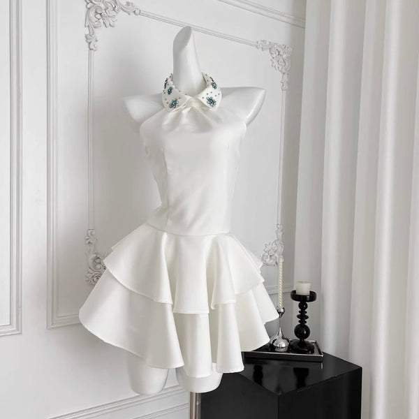 Elegant Beaded Collar Puffy Dress
