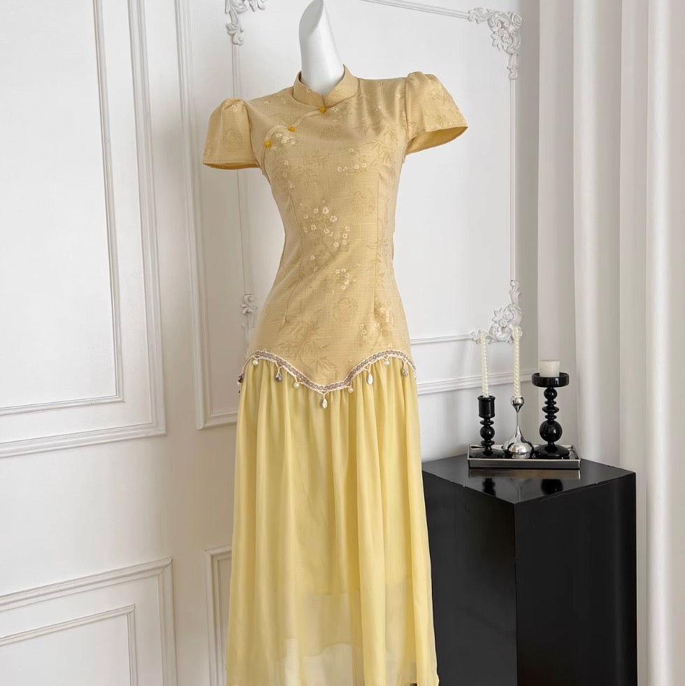 Faux Two-pieces Printed Cheongsam Dress