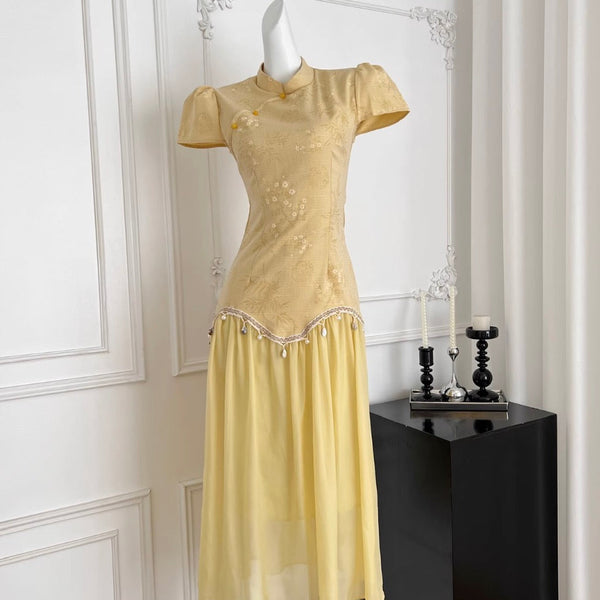 Faux Two-pieces Printed Cheongsam Dress