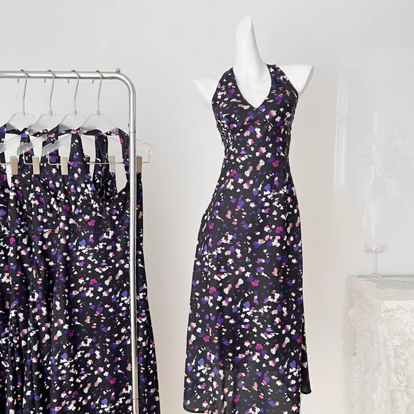 Vintage V-neck Floral Halter Dress