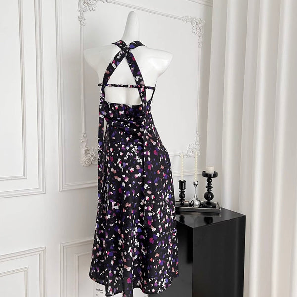 Vintage V-neck Floral Halter Dress