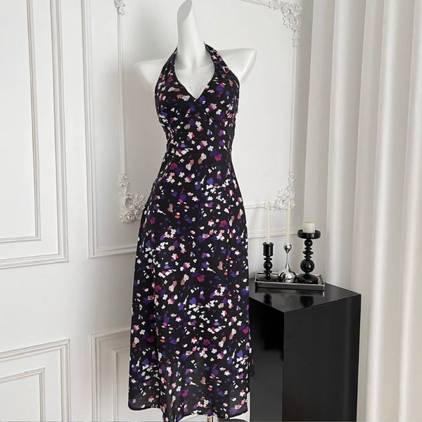 Vintage V-neck Floral Halter Dress