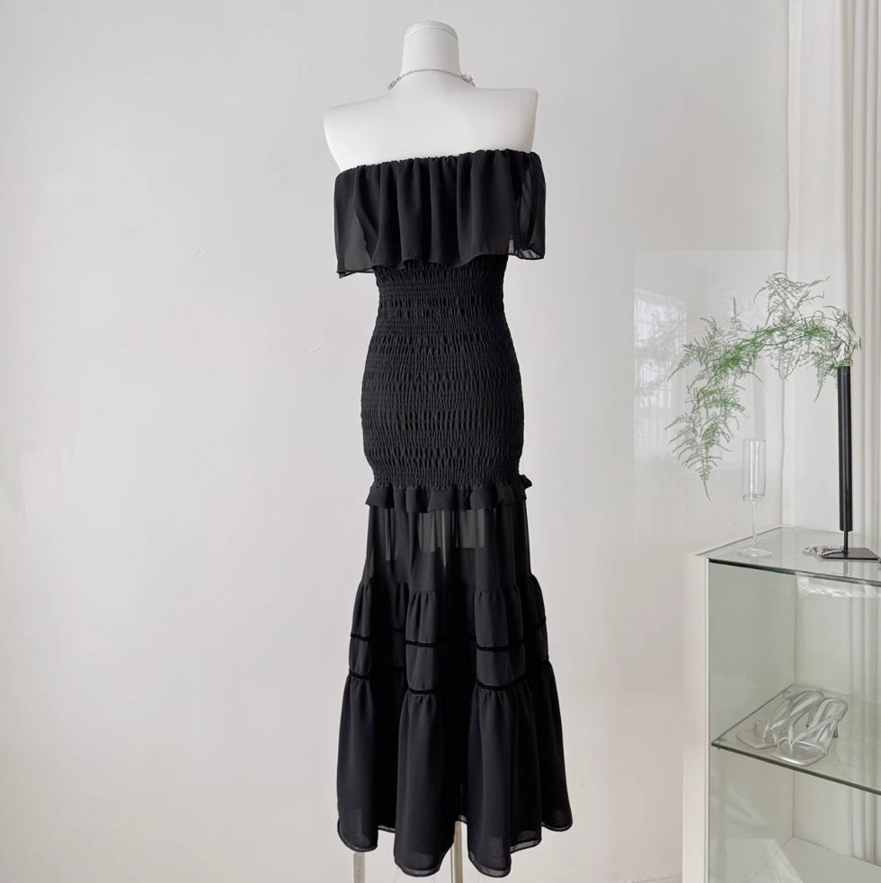 Off-shoulder Ruffled Black Dress