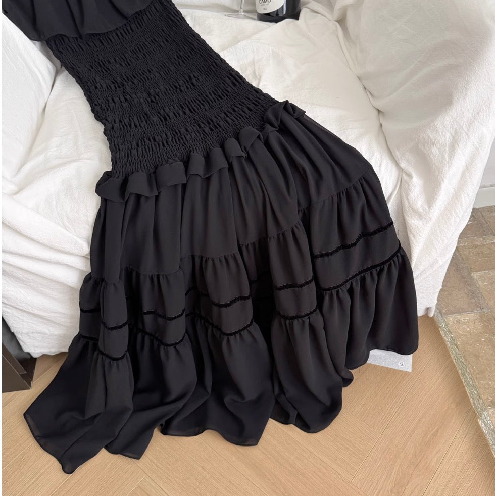 Off-shoulder Ruffled Black Dress