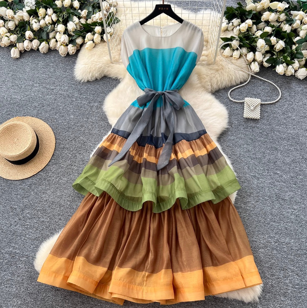 Elegant Color-blocking Ruffled Dress