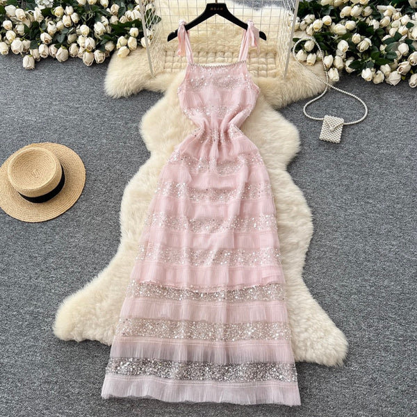 Sequined Pink Mesh Slip Dress