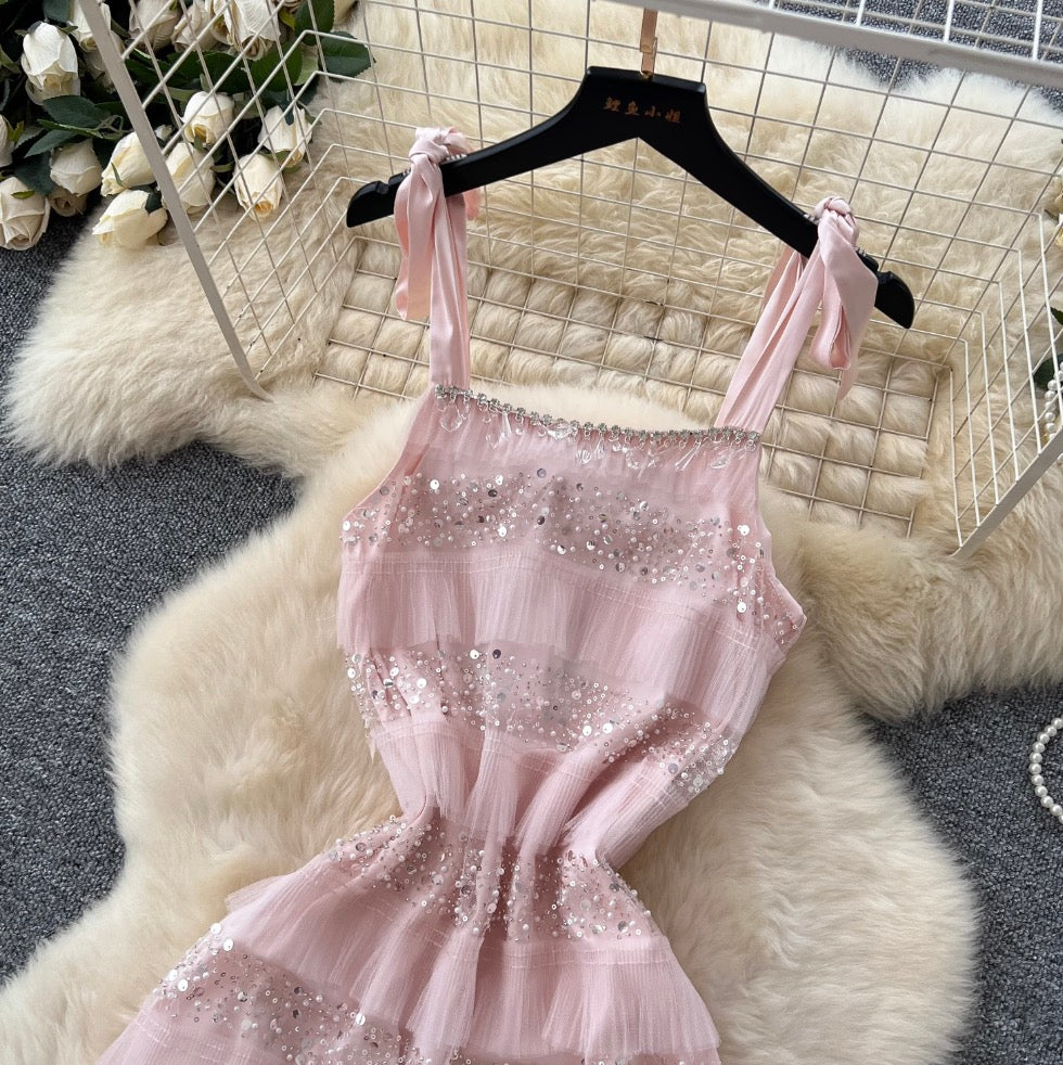 Sequined Pink Mesh Slip Dress