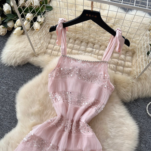 Sequined Pink Mesh Slip Dress