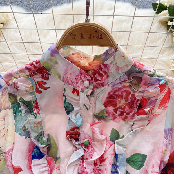 Vintage Ruffled Floral Shirt Dress