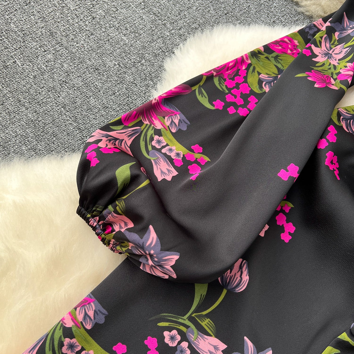 Elegant Floral Printed Black Dress