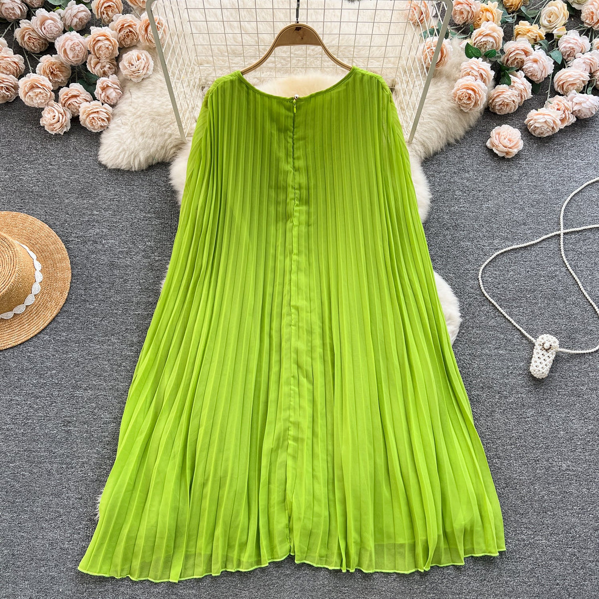 Solid Color Pleated Cape Dress