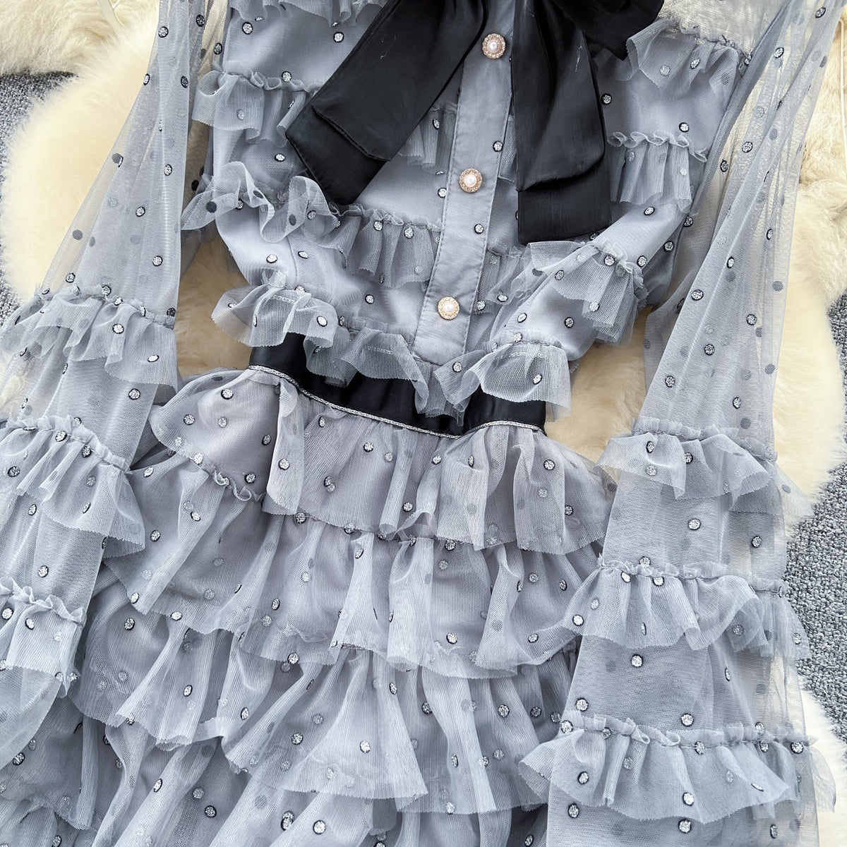 Bow-tie Beaded Layered Mesh Dress