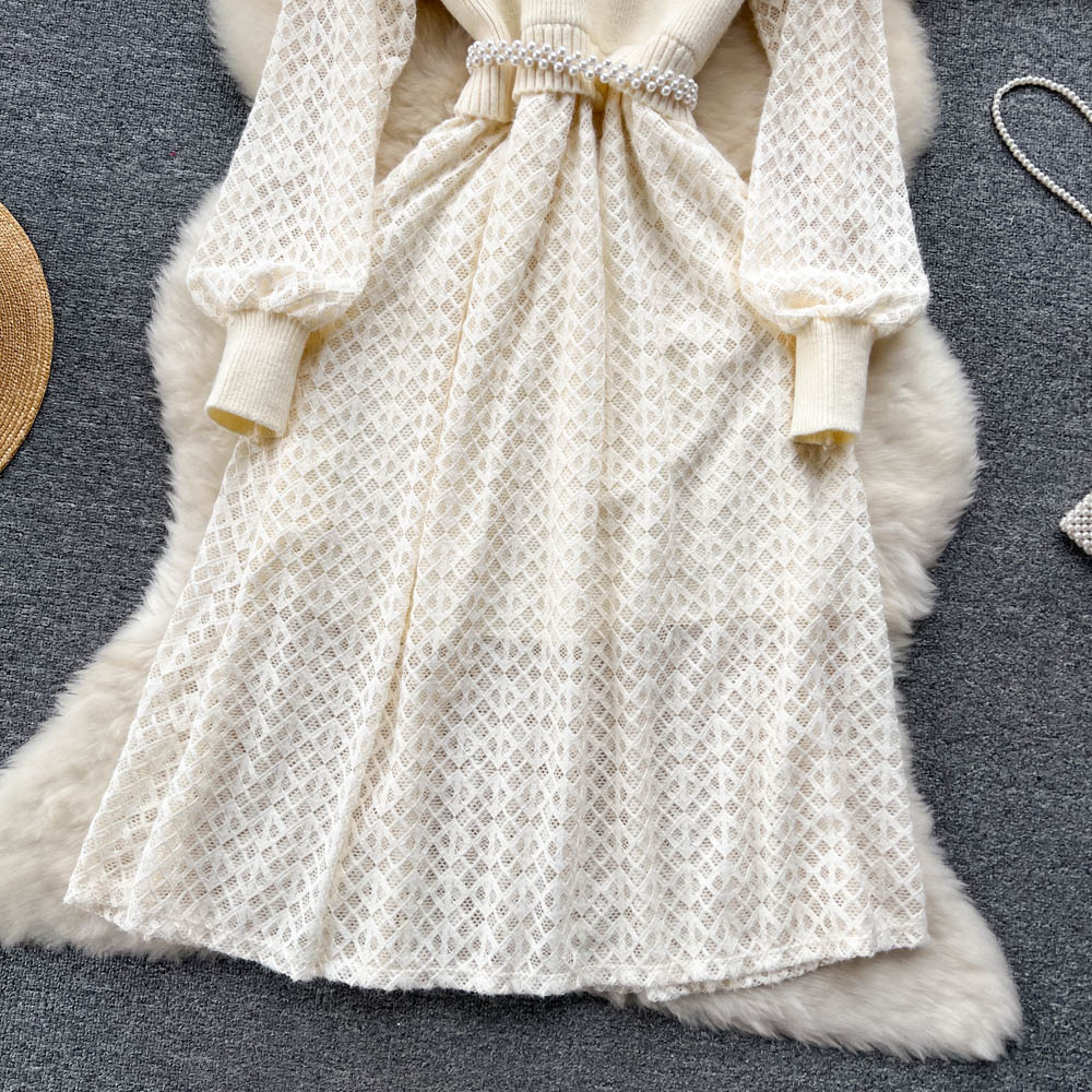 Elegant Beaded Lace Knitted White Dress