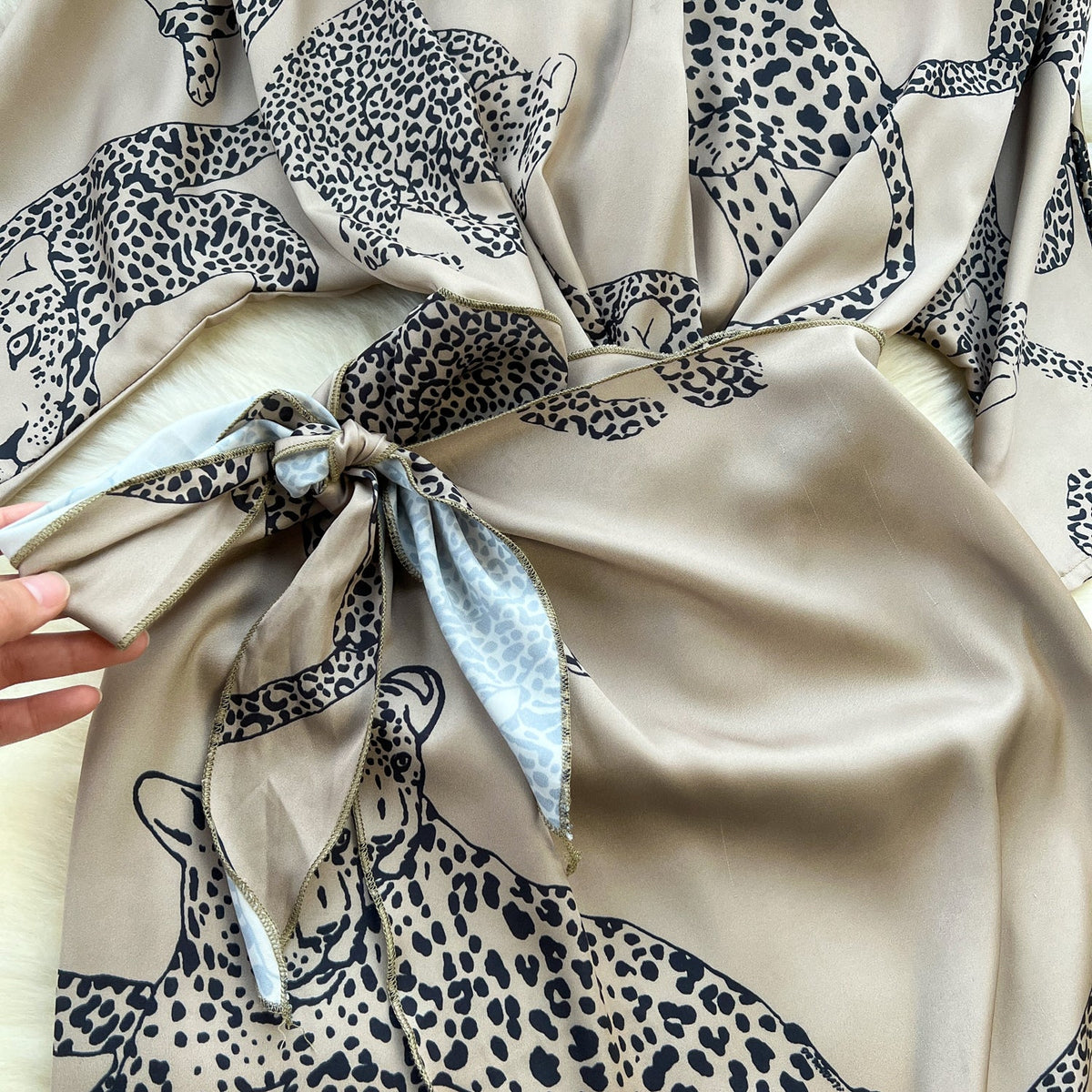 Leopard Printed Lace-up Satin Dress
