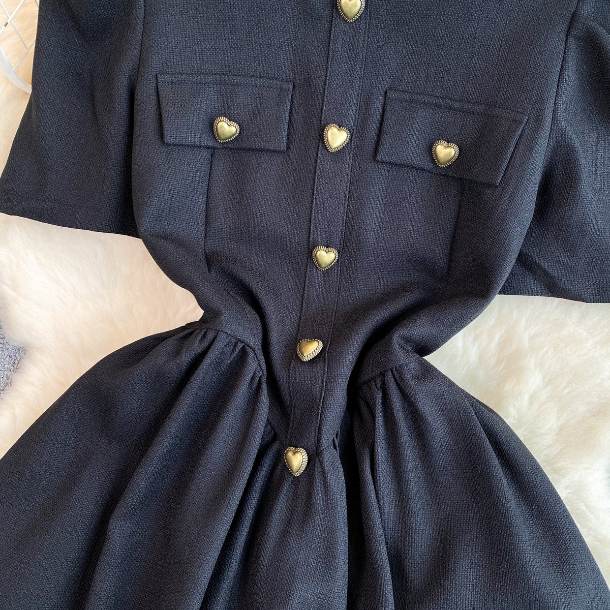 French Style Heart Buttons Black Dress